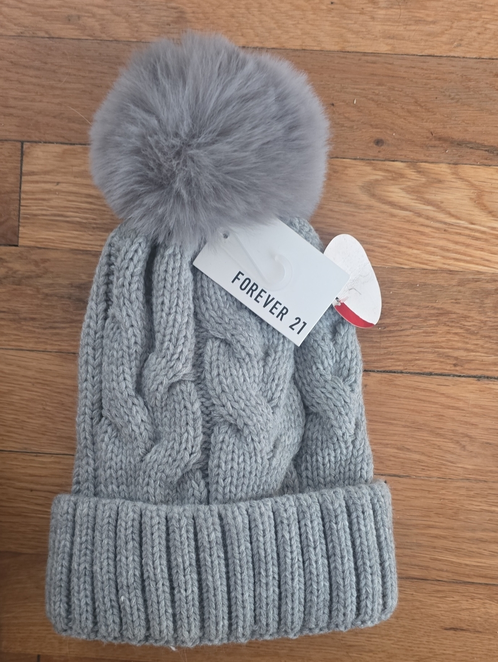 Forever 21 Kids Light Gray Pom-Pom Cable Knit Beanie